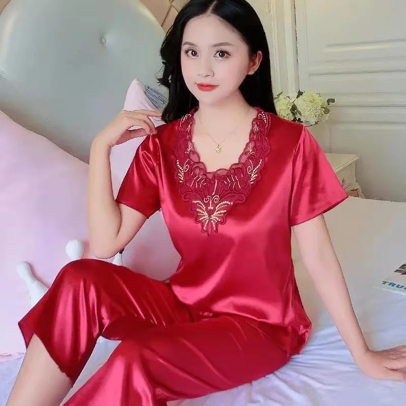 Plus Size 3XL Satin Pajamas Set Women's Pajamas Casual Pants 2 Piece Set Sleepwear Female Home Suit Sets Nightwear