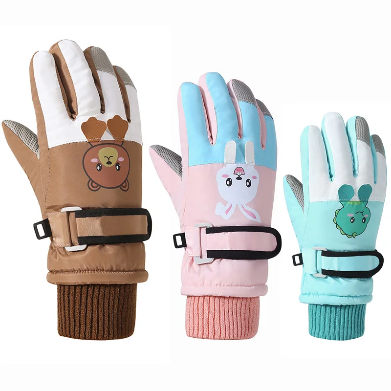 Guantes de dibujos animados para niños, manoplas gruesas y cálidas de esquí de invierno, de cinco dedos, a prueba de viento, accesorios de nieve