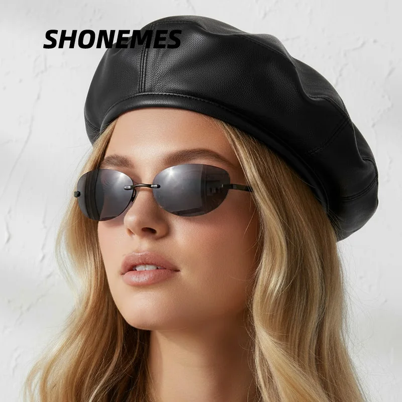 SHONEMES Y2K Women Sunglasses Vintage Rimless Oval Shades Outdoor UV400 Sun Glasses Brown Black Silver for Female