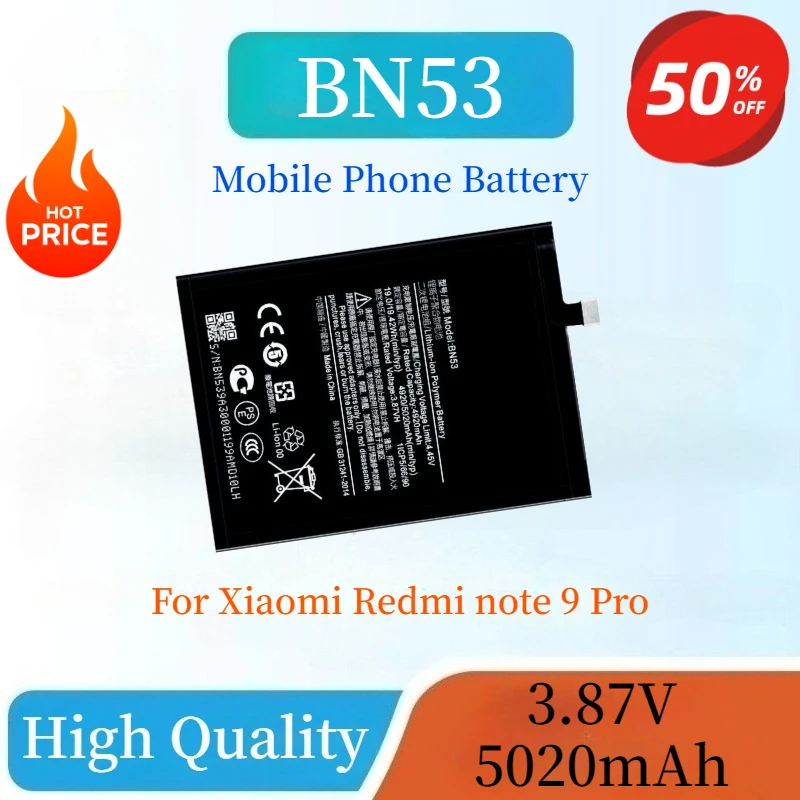 

100% New High Quality 3.87V 5020mAh BN53 Phone Battery For Xiaomi Redmi note 9 Pro Replacement Battery