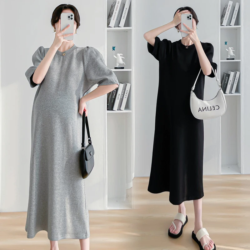 

9801# 2024 Summer Fashion Cotton Maternity Long Dress Casual Loose Straight Clothes For Pregnant Women Pregnancy