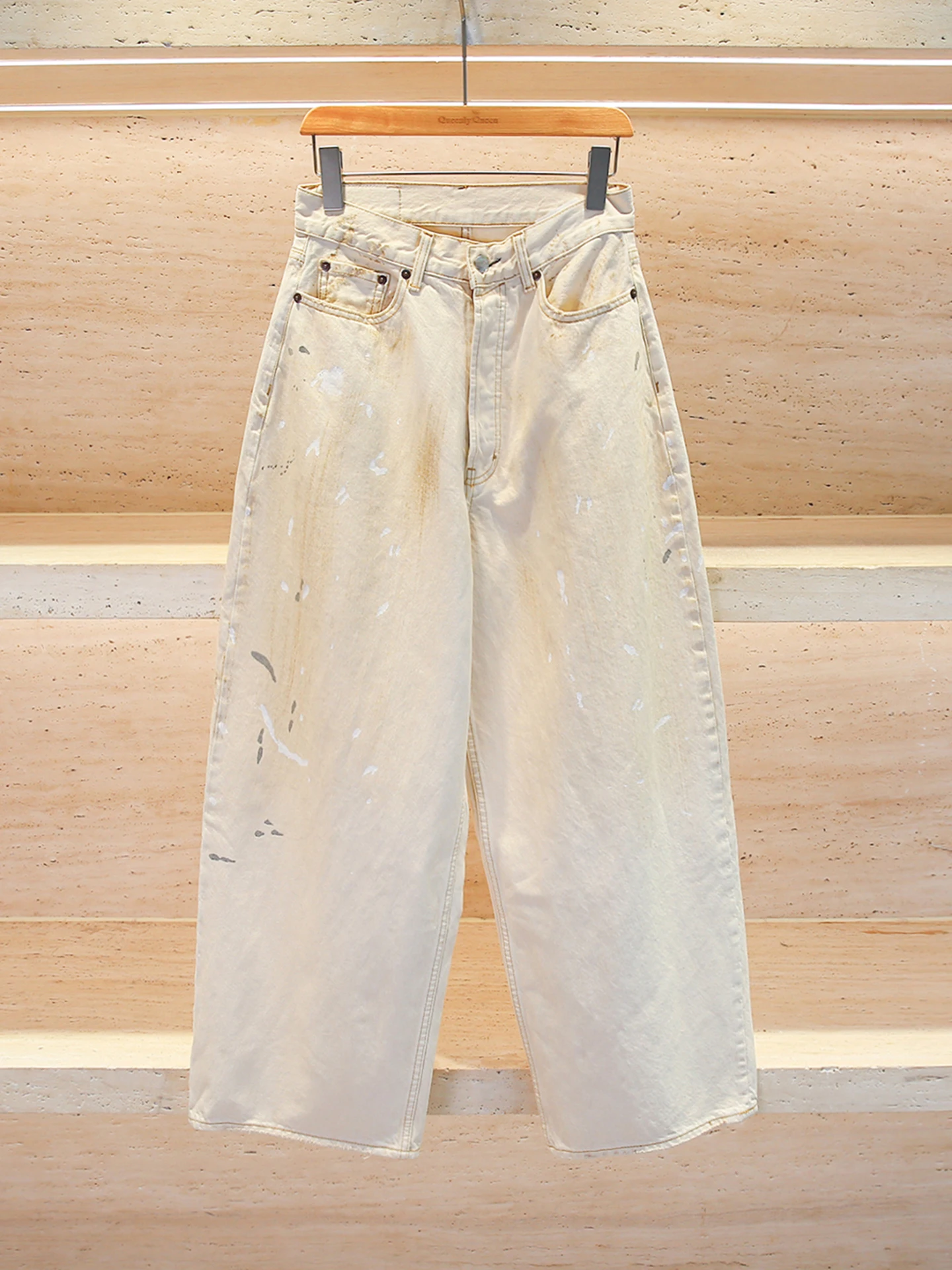 

High-End Women's Wide Leg Denim Jeans Dyed Splatter Design Casual High Waist with kets Breathable Comfortable All Season