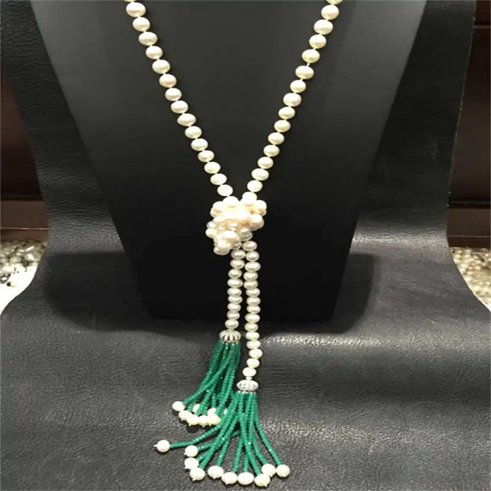 Hand knotted 110cm long 7-8mm natural white pink freshwater pearl green pink black jade sweater chain necklace