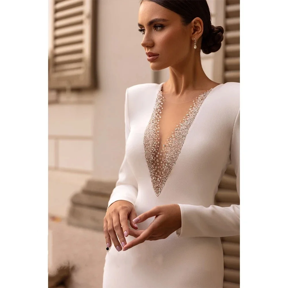 Simple Satin Mermaid Wedding Dresses Elegant Bridal Gowns Sexy Robes Deep V-Neck Backless Long Sleeve Bride Vestidos De Novia