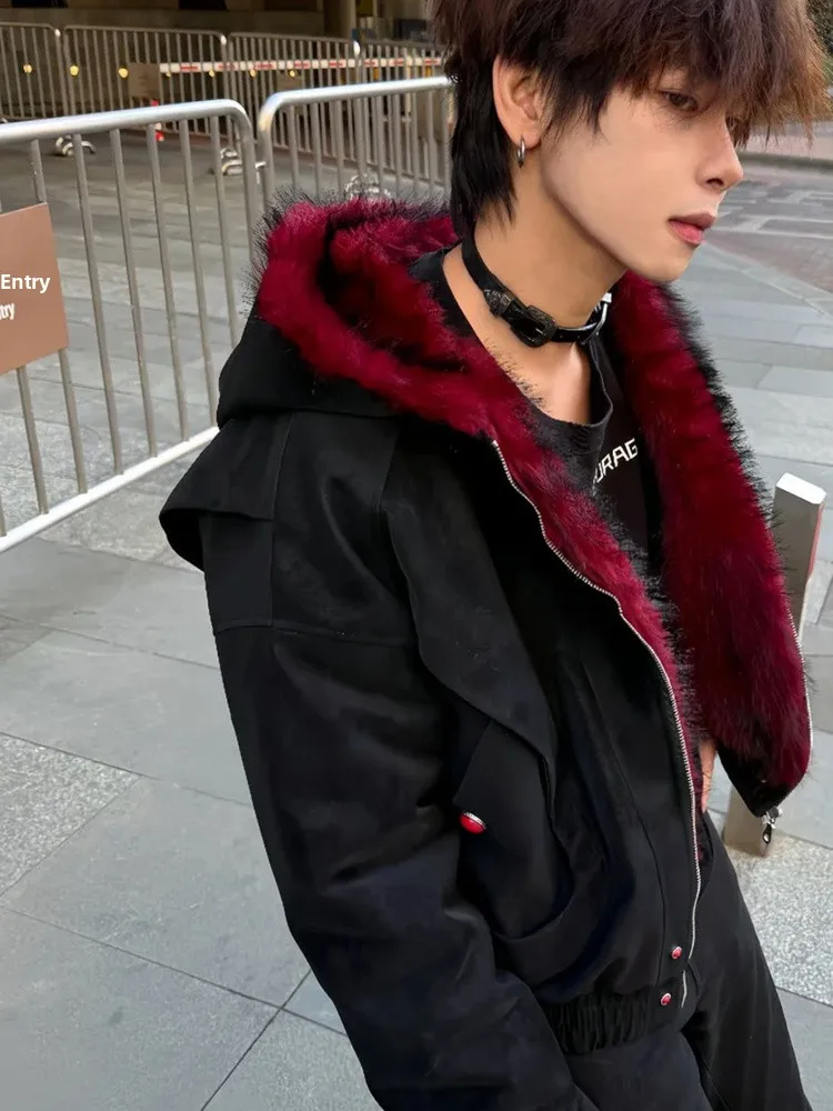 

Красная утепленная хлопковая куртка с капюшоном и меховым воротником, молодежная, повседневная, теплая, с длинными рукавами, удлиненная, однотонная, без бренда.