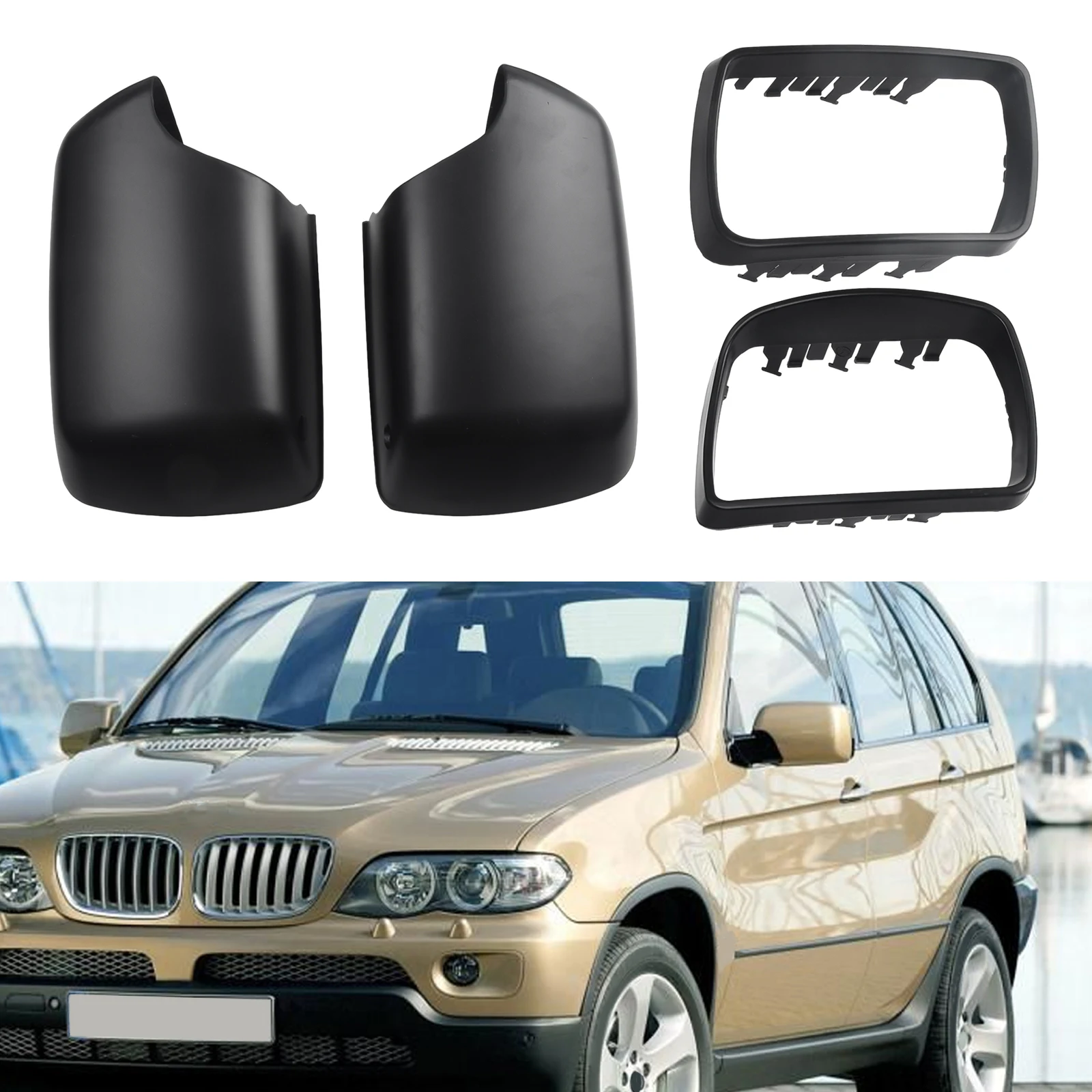 4pcs L+r Wing Door Mirror Cover Casing With LED Hole  ABS Plastic Matte Black Weatherproof Stylish For BMW E53 3.0d/3.0i/4.4i