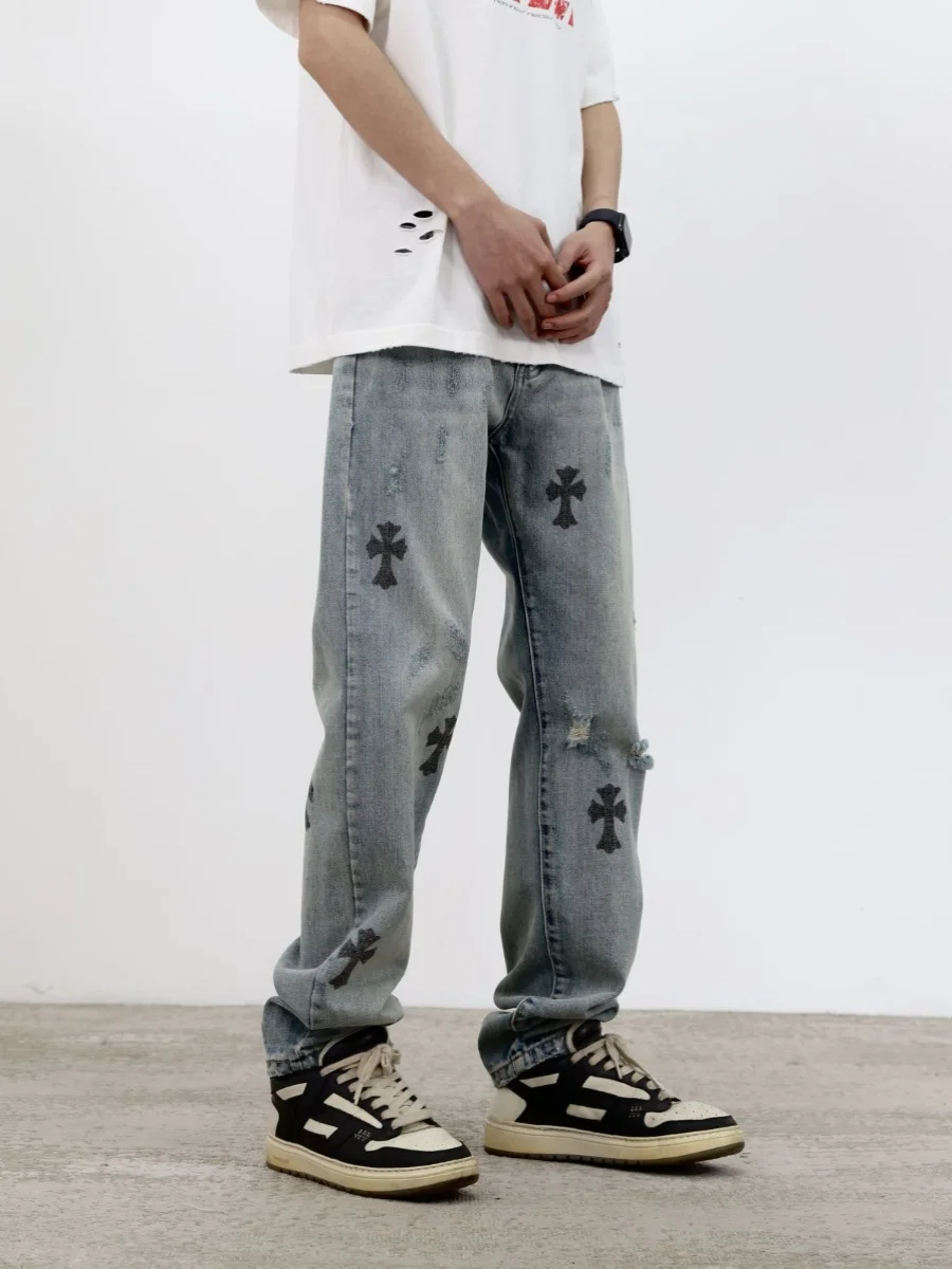 

Waed Vintage Cross Print Straight Leg Jeans Men's Spring Autumn New Sle American High Street Hole Long Pants Casual Wear