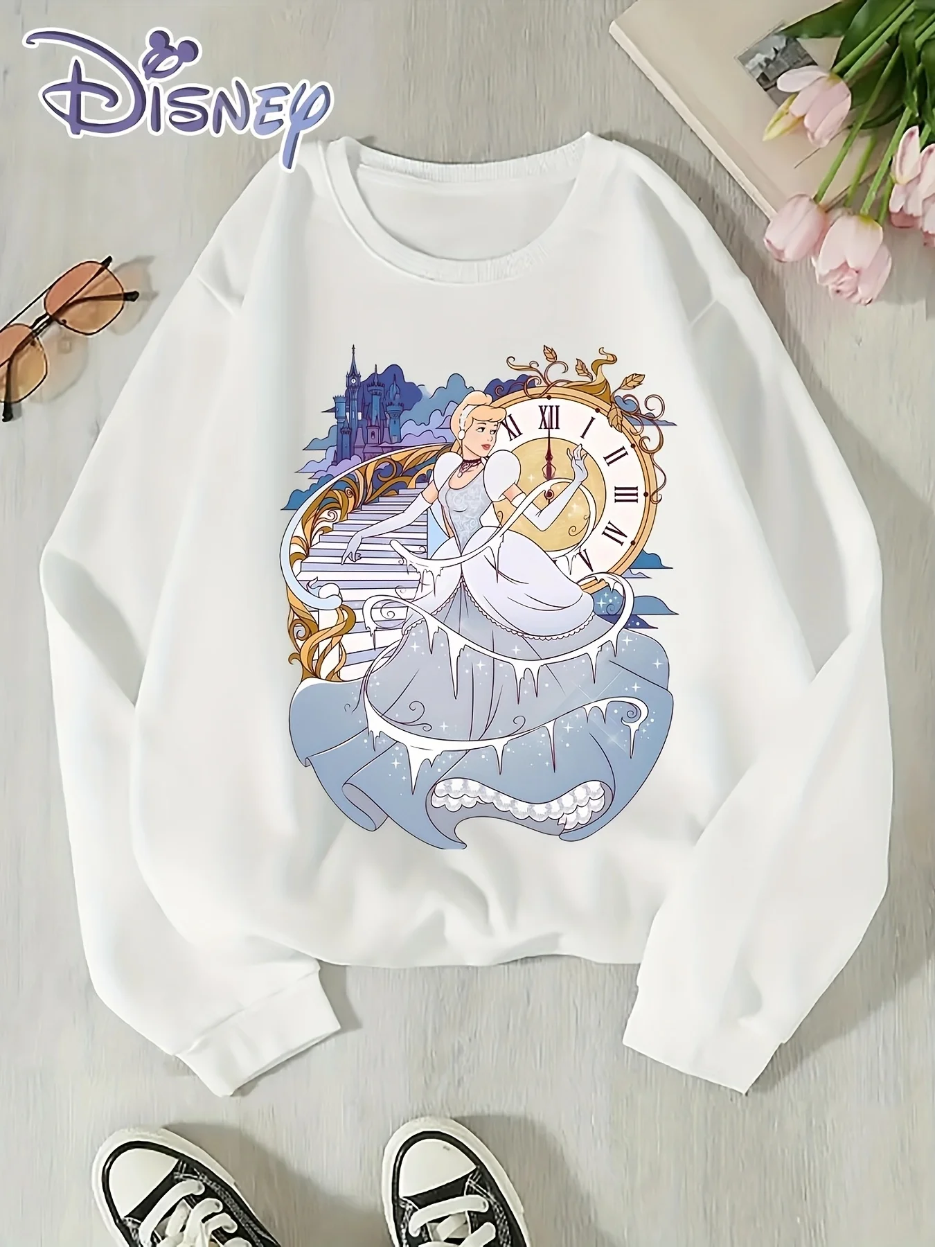 سترة ديزني الرائعة "سندريلا" مطبوعة بأكمام طويلة بلوفر فضفاض ملابس الخريف والشتاء