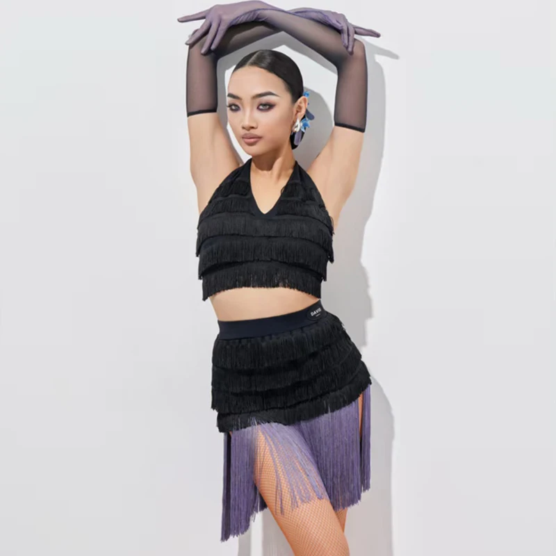 

Новинка 2024 года, костюмы для соревнований по латинским танцам, женский костюм для латинских танцев с бахромой, сексуальная одежда для танцев чача, самбы, румбы, DW242 43