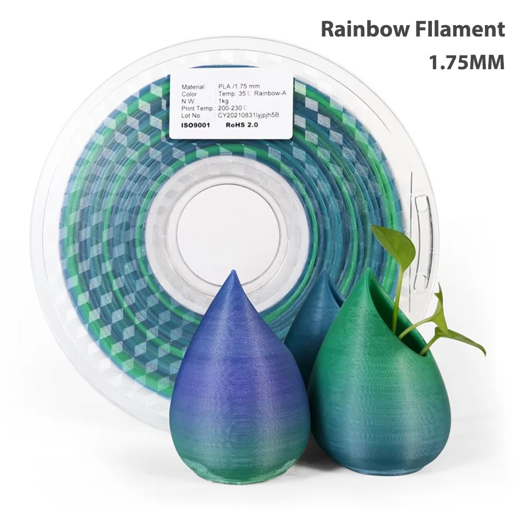 

Многоцветный нить PLA Rainbow 1 кг 1,75 мм Радуга с температурным материалом для 3D-принтера Материалы Радужный нить 250 г