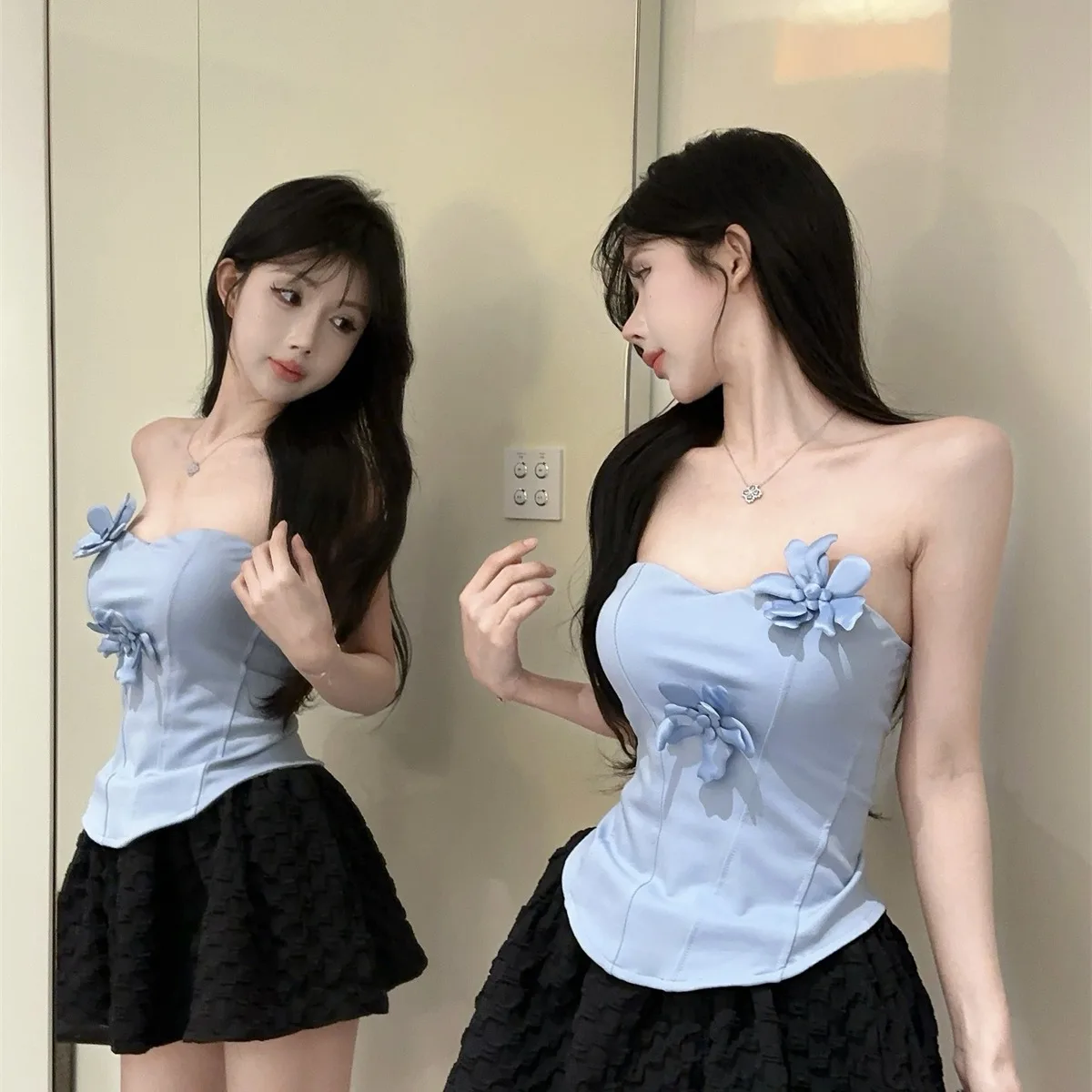 

Romantic Sweet 3D Flower Embellished A-Line Skirt And Tube Top Women's Fashion Set Spring Summer New Style Casual Wear