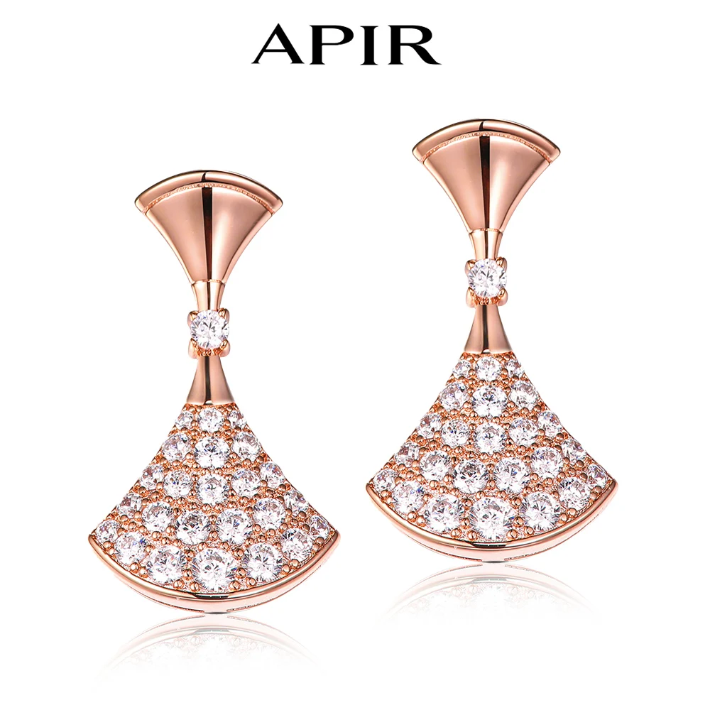 

APIR 5A Zircon Fan Shaped Small Skirt Earrings for Women 18k Gold Plated Luxury Temperament Rose Gold Classics Stud Earring Gift