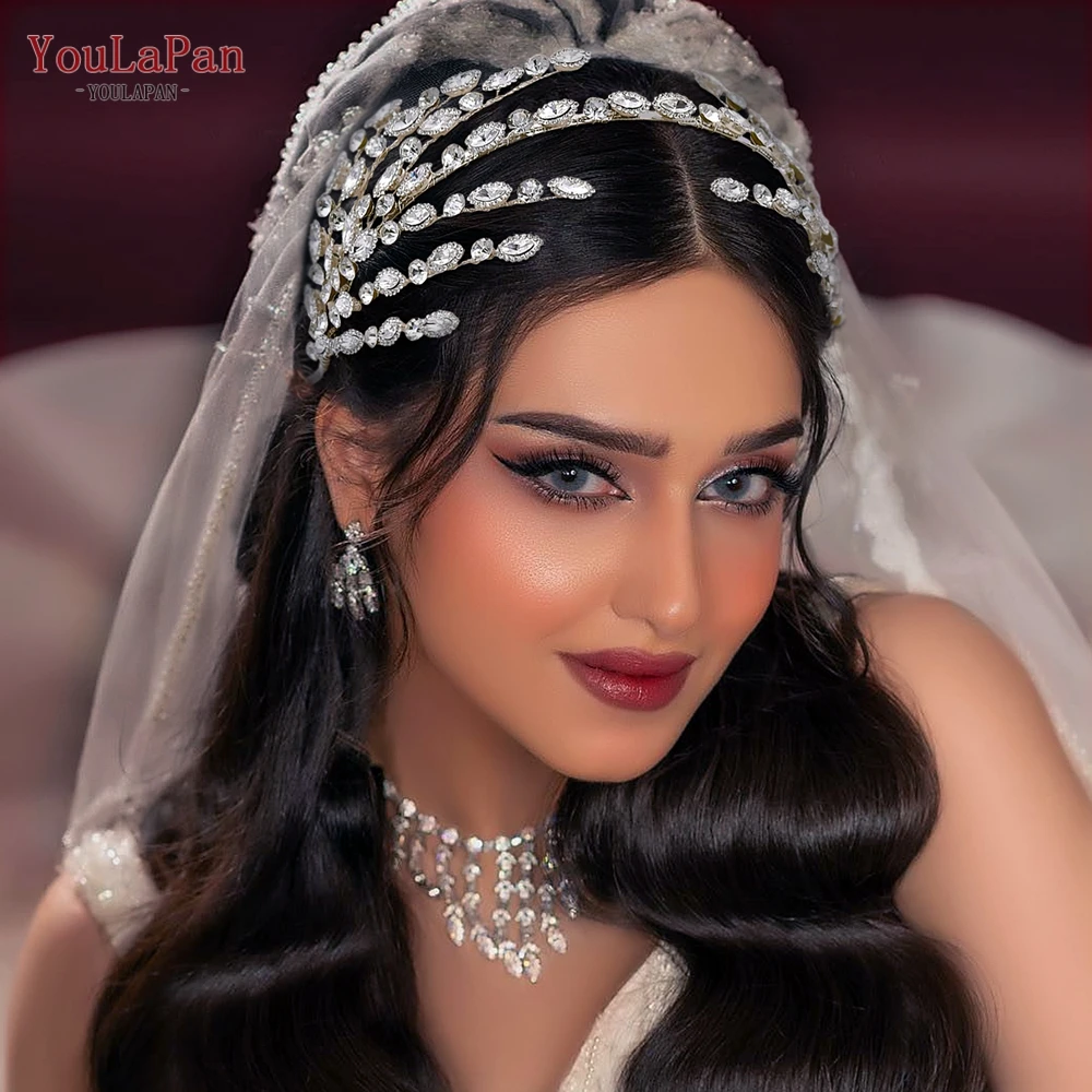 YouLaPan الزفاف عقال اليدوية حجر الراين تاج الزفاف امرأة إكسسوارات الشعر للحزب وصيفه الشرف العروس غطاء الرأس HP533