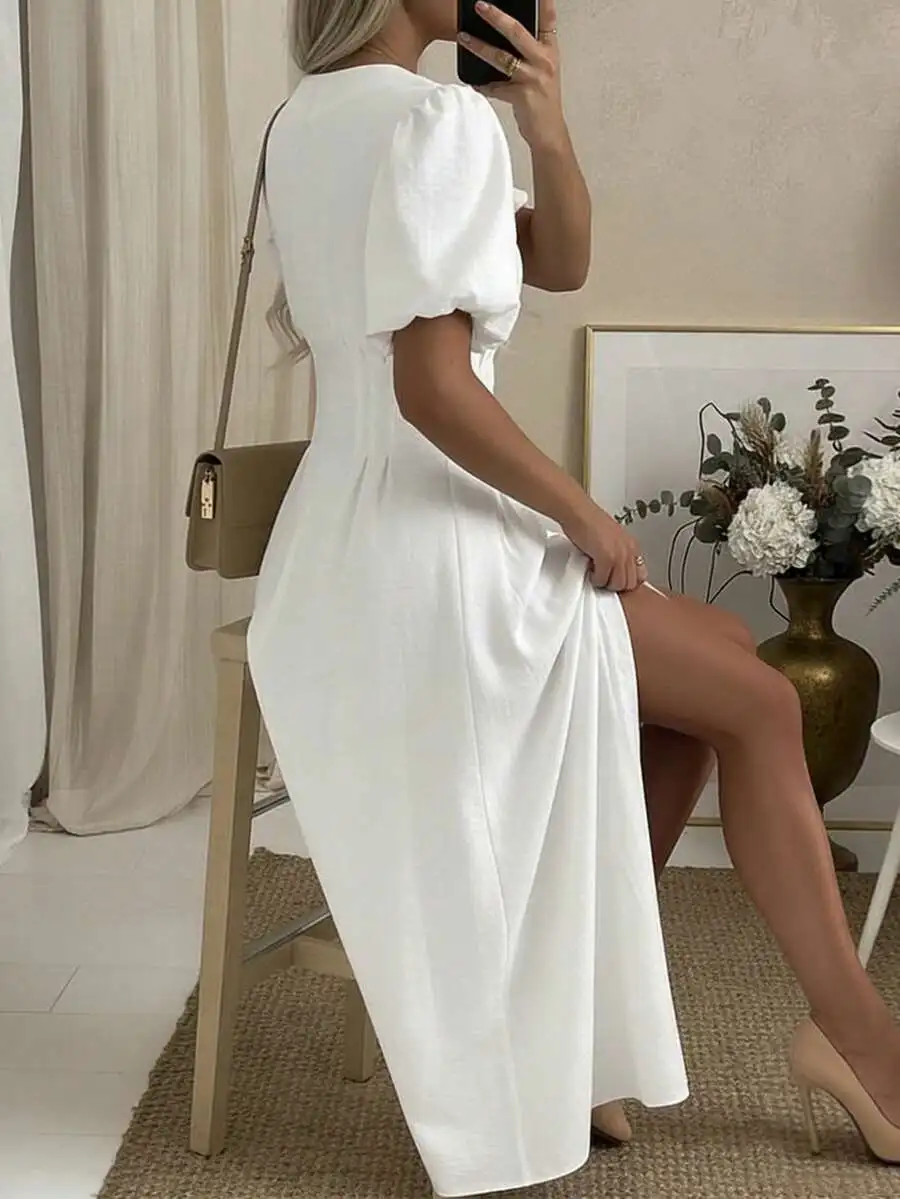 

Women Casual Solid Color Waist Cinched Front Button Long Dress