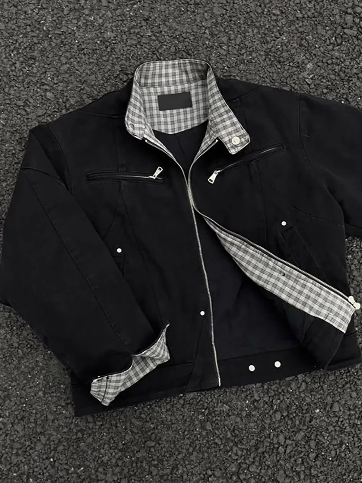 Chaqueta de mezclilla Harrington negra de lona para hombre, estilo americano, gruesa, a la moda, con cuello alto, estilo béis...