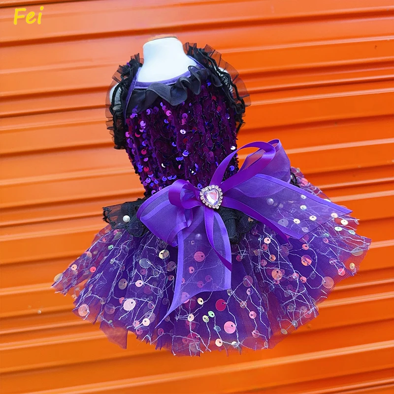 

Luxury Purple Sequin Pet Dog Clothes Handmade Fashion Crystal Lace Bow Sling Dresses For Small Medium Dog Chihuahua Poodle Skirt