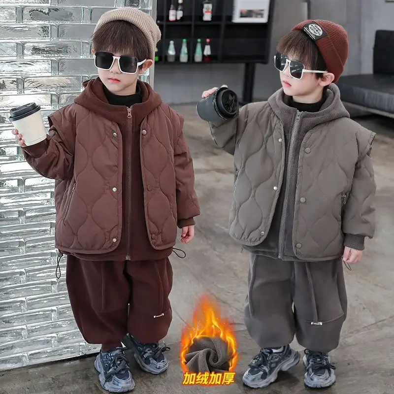 3 PCS Set Autumn Winter Boy Retro Thick Vest+Shirt+Loose Harem Pants Kids Children baby Gentleman Handsome Streetwear Clothes