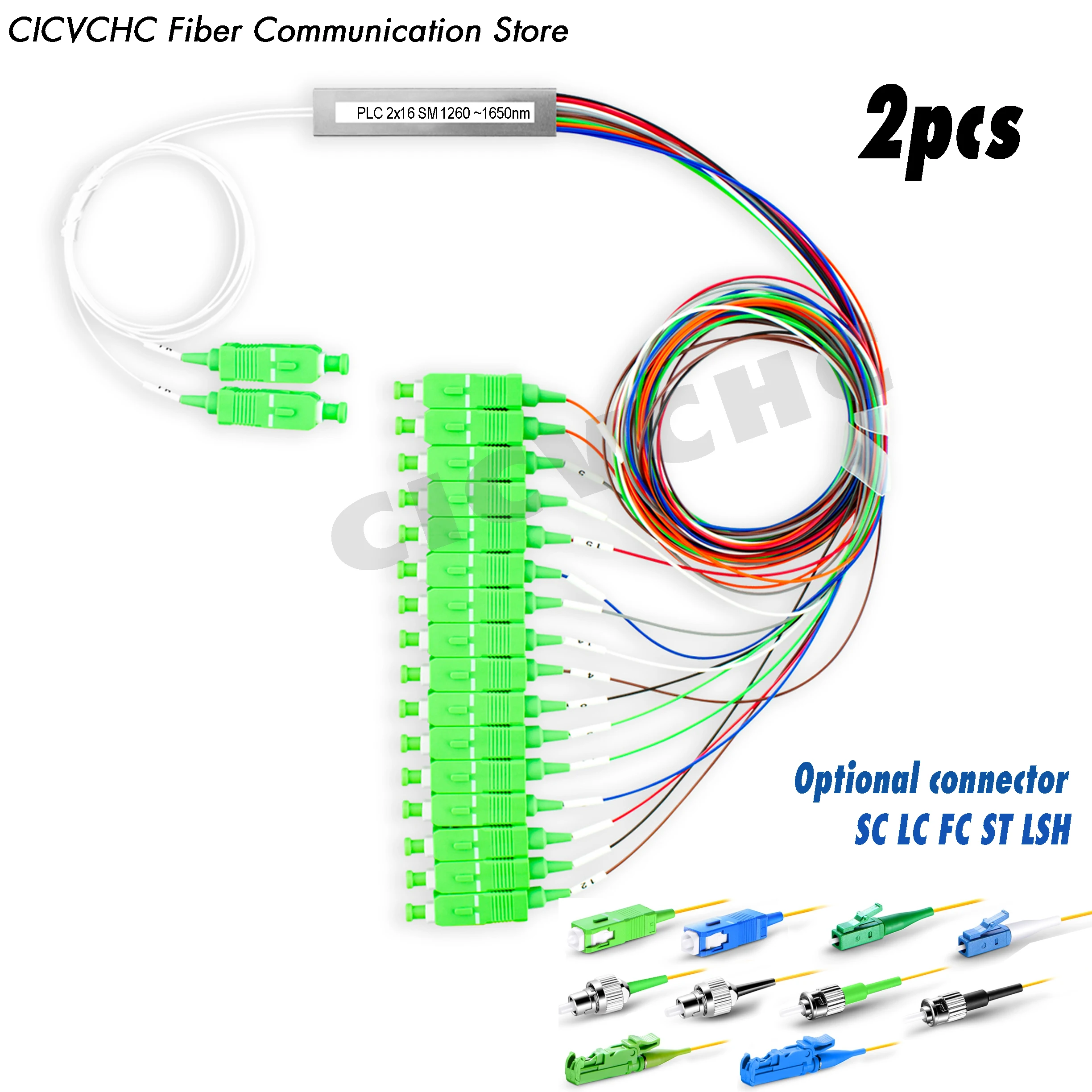 2pcs 2x16 PLC Optical Splitter, Mini Module, Singe Mode Fiber, SC, LC, FC, ST, E2000 Connector, 1m length, 0.9mm tube