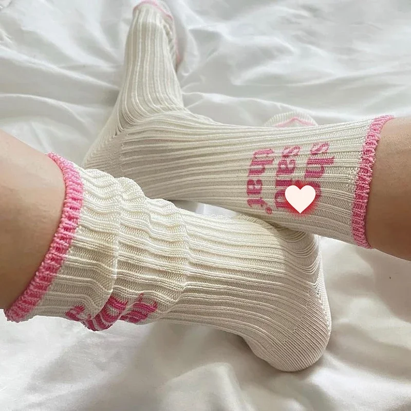 For Men Women Korean Couple Socks Ins Japan Joint Double Needle Home Cute Heel Sox Alphabet Mid-tube Thick Thread Warm She Said