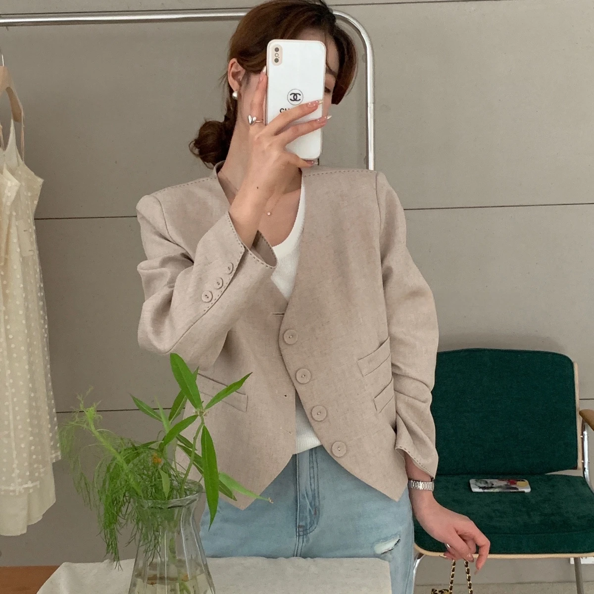 

Women's Casual V-ne Suit Jaet Korean Sle mat Design Faionable Leisure Teaded Line Commute Suitable