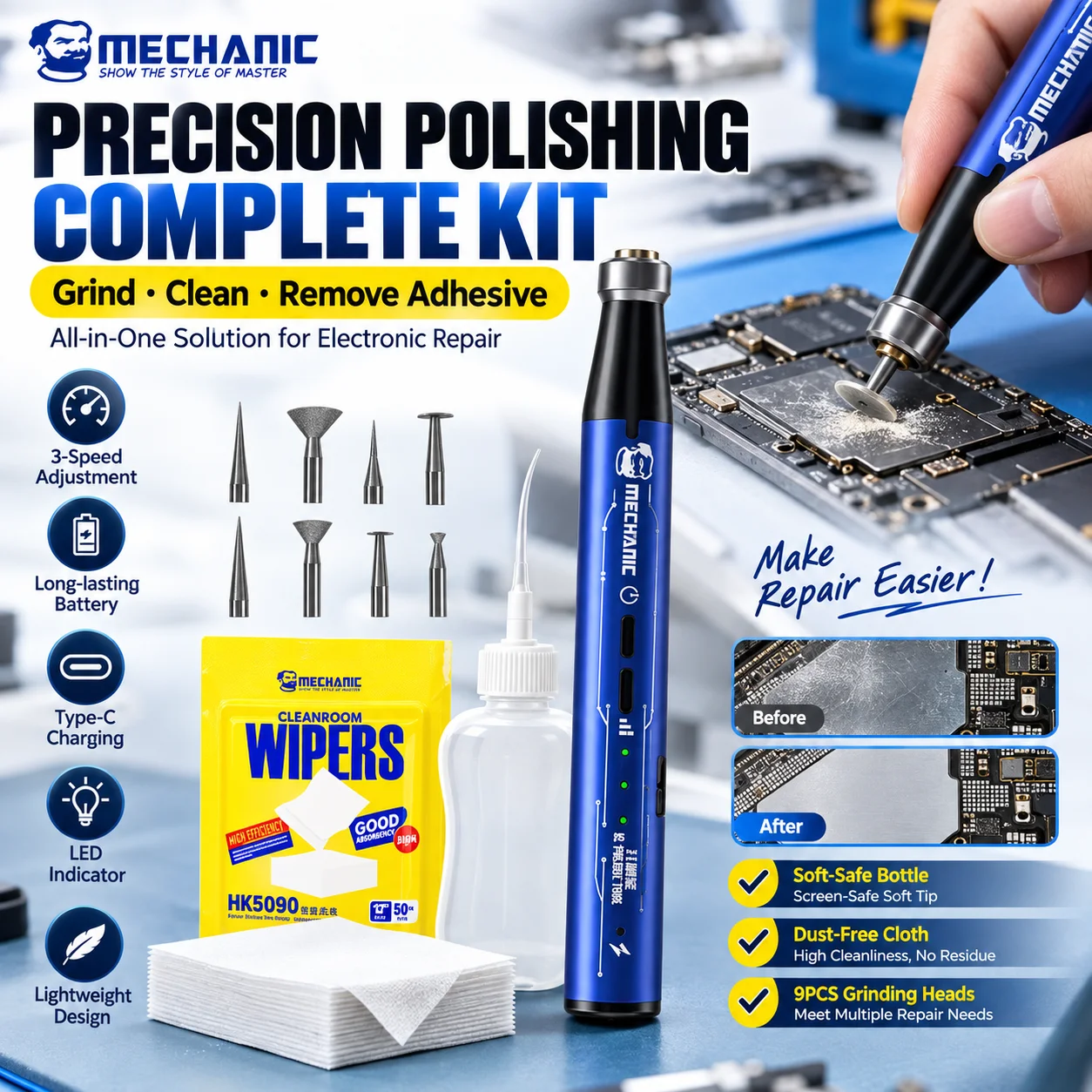 MECHANIC GDR2 Electric Polishing Pen Kit with CL51 Solvent Bottle HK5090 Dust Free Cloth for Phone PCB IC Repair Cleaning