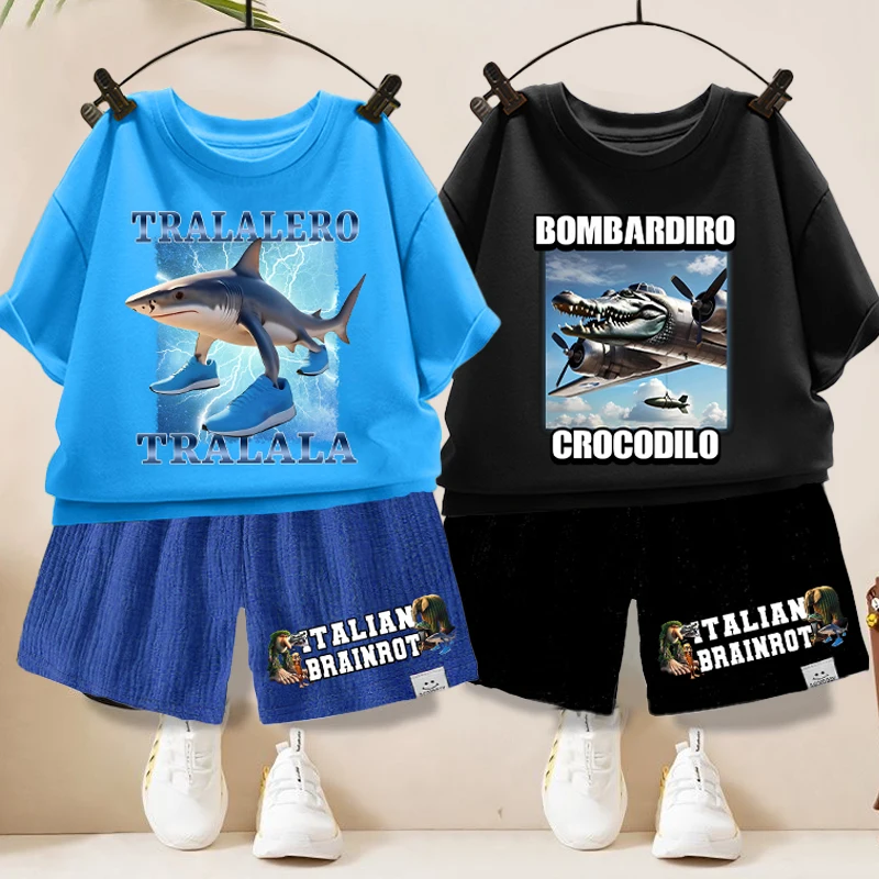 

2pcs Italian Brainrot Short Sleeved Shorts Set Children Cartoon Cute T-shirt Pants Suit Boys Girls Summer Fashion Clothes Sets