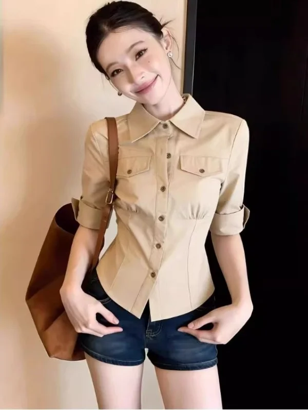 

Summer Trendy Unique Large Size Women's Vintage Hong Kong Style Personality Turn-down Collar Workwear Shirt Fashionable Inner...