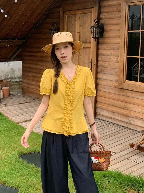 

plus Size Women's Sweet Sle V-Ne irt with Wood ain Ruffle Waist-Cinching Unique Top Korean Version Slim Fit Bubble Sl...