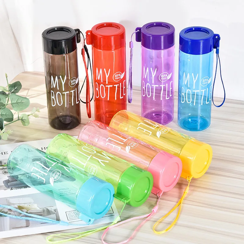 500ML Water Bottle Transparent Square Plastic Drink Cup Outdoor Cold Juice Milk Sport Bottle with Portable Rope Leakproof