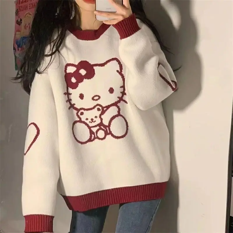 Kawaii Sweater Sanrioed Hello Kitty Anime Spring Winter Preppy Knitting Sweater Long Sleeve Girls Tops Loose O-Neck Trend Sweet