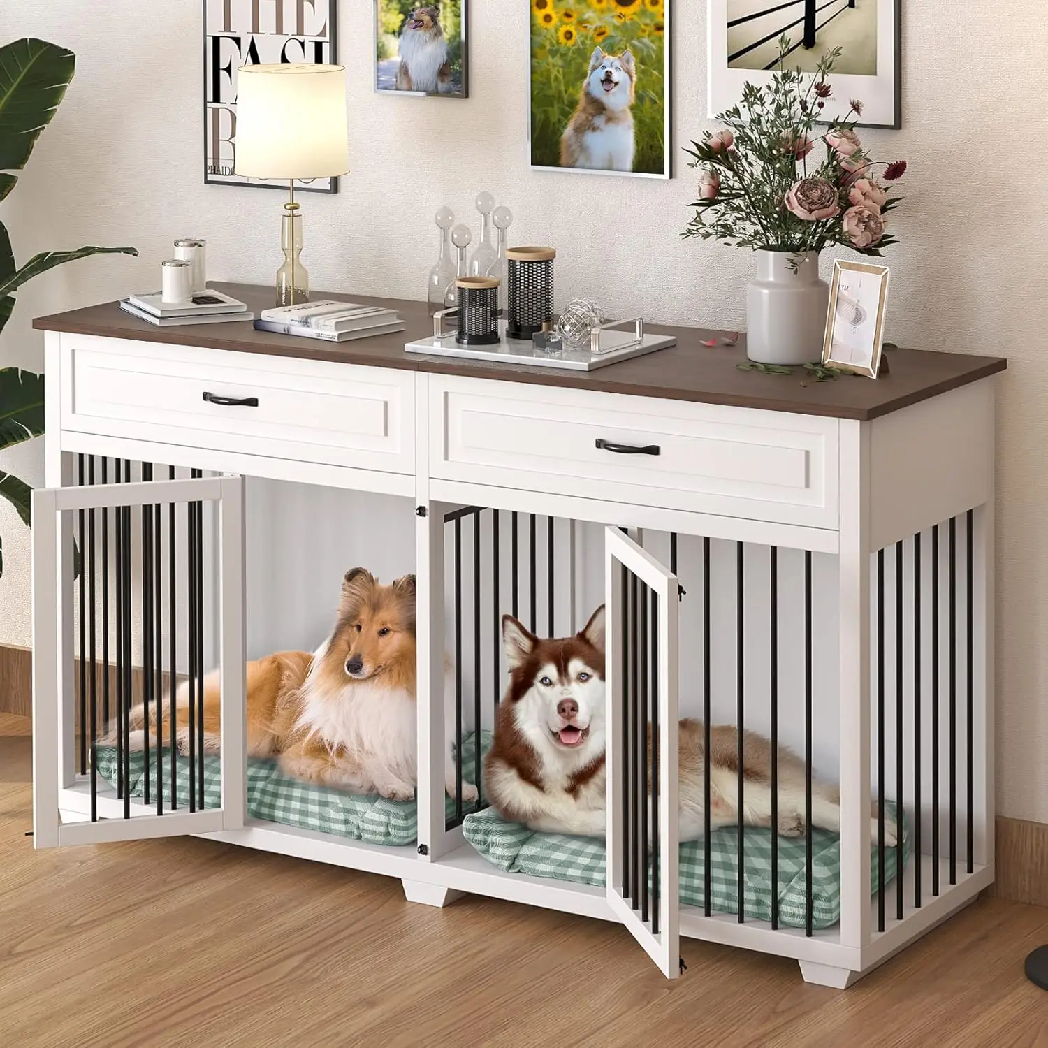 

72" Wooden Dog Kennel End Table Double Room 2 Drawer Divider Large Medium Breeds Indoor White Custom