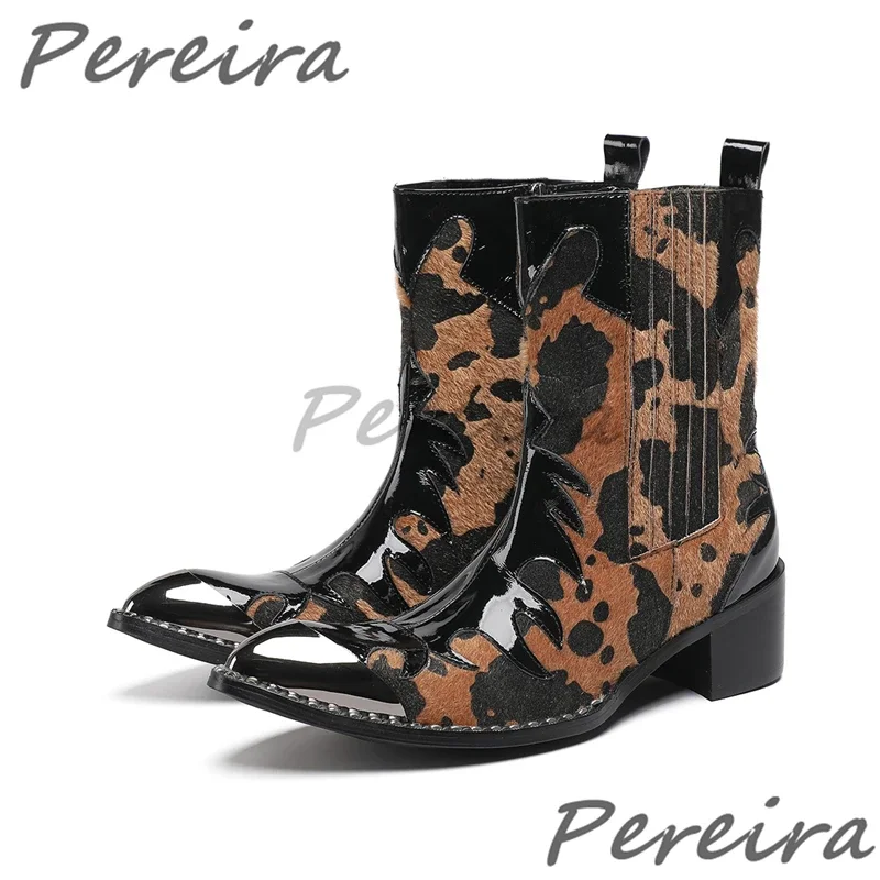 

Fashion Leopard Print Men's Chelsea Boots British Style Iron Pointed Toe Cowhide High Top Booties Autumn Winter New Male Shoes