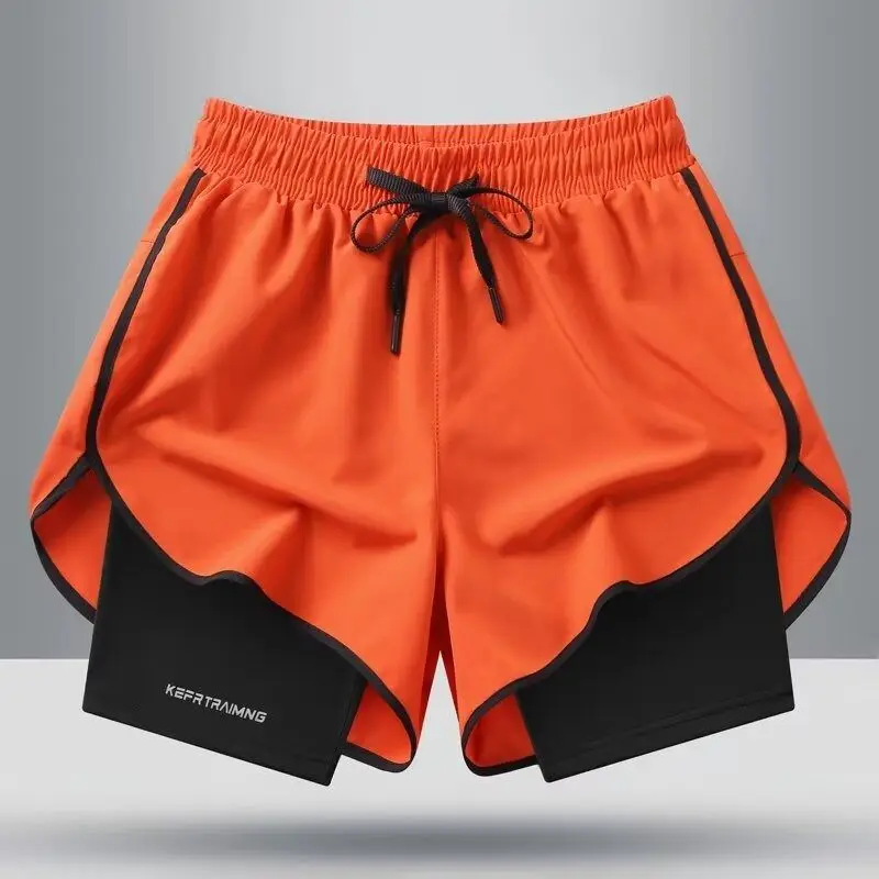 

Мужские летние шорты из ледяного шелка для бега и фитнеса, пляжные, в ярких цветах, имитация двухслойных, модные, из полиэфирного волокна