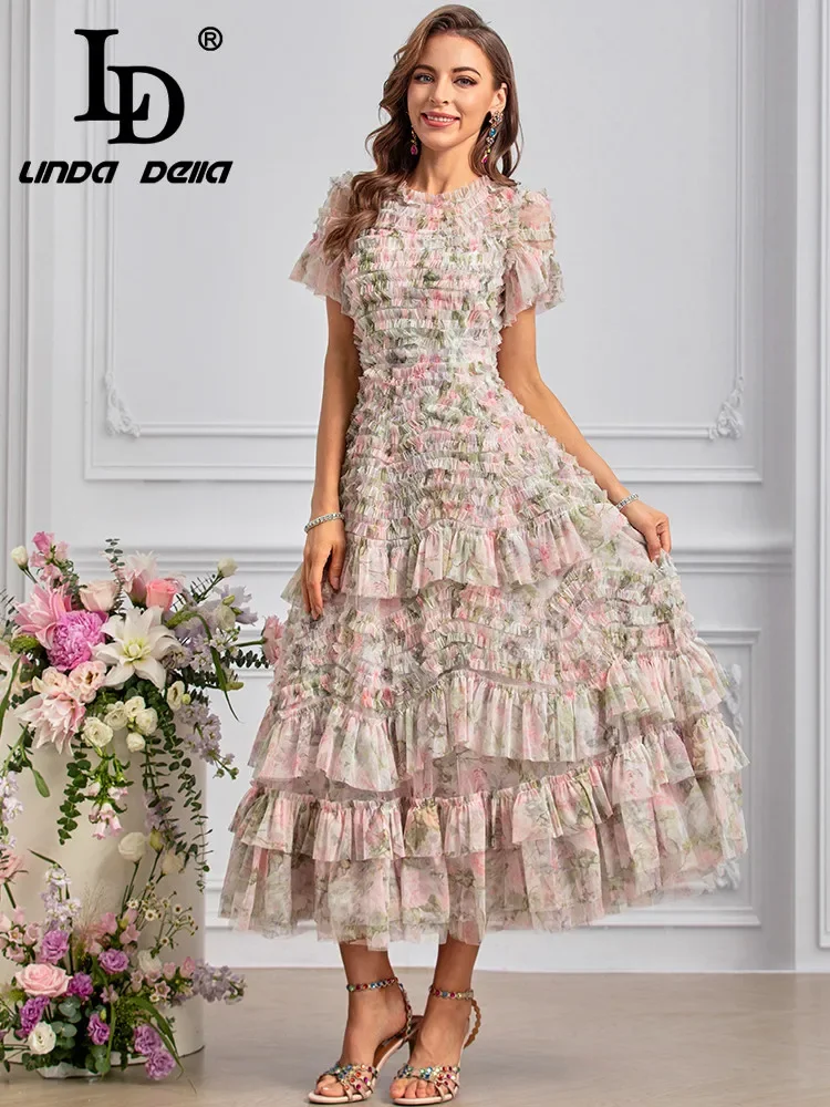 

LD LINDA DELLA Summer Runway Vacation Dress Women's Bohemian Floral Print Net Yarn Cascading Ruffle Temperament Princess Dresses