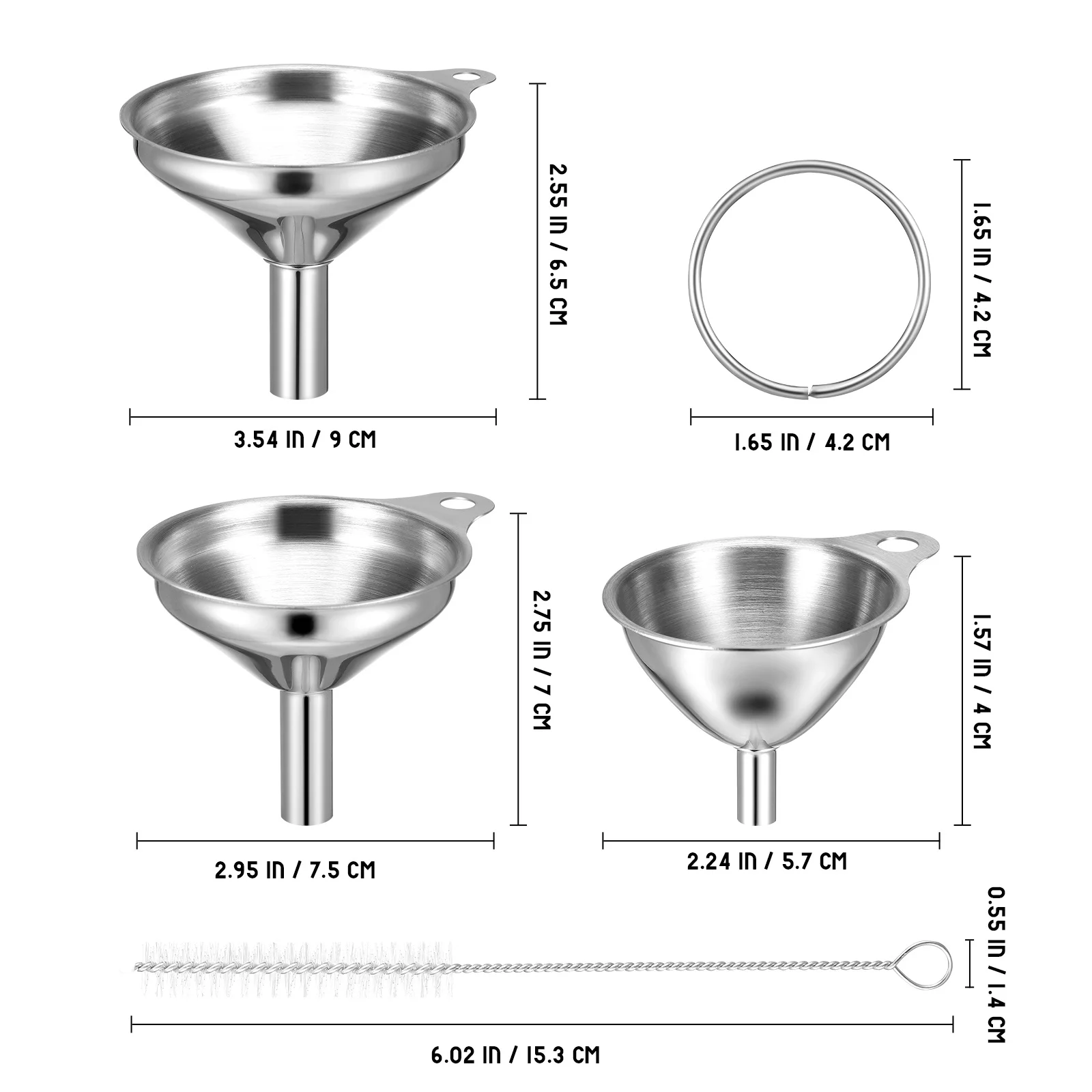 

1Set Metal Funnel Set Oil Funnels for Bottles Reinforced Design Rust Resistant Brush Multi Use Kitchen Funnel