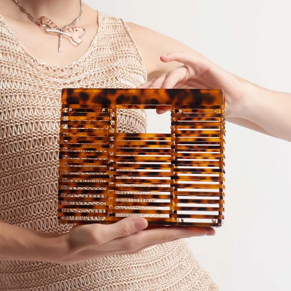 

Summer Luxury Handbag Hollow Bohemia Beach Elegant Lady Cosmetic Storage Basket Purse Semicircle Women Acrylic Leopard Bags