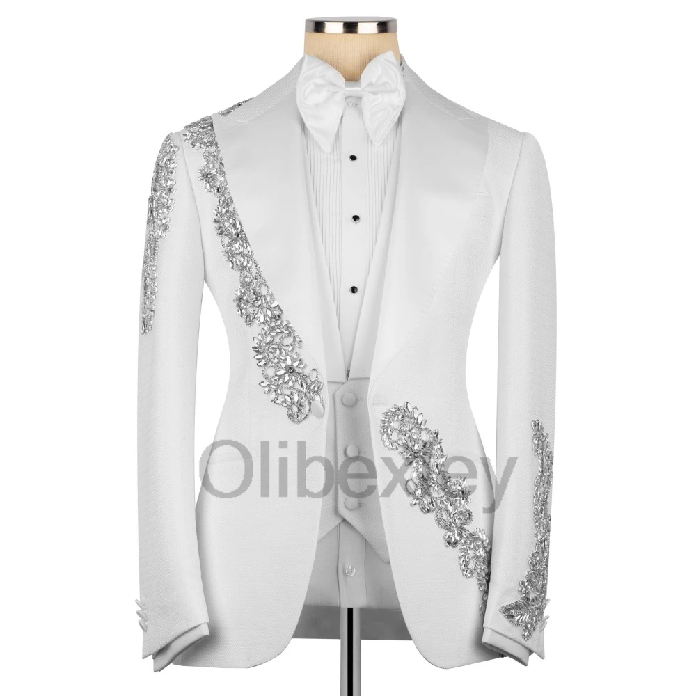 Olibexley Elegant White Slim 2 Piece Men's Suit Crystal Decoration Wedding Groom Business Dinner Prom Suit Customized S318