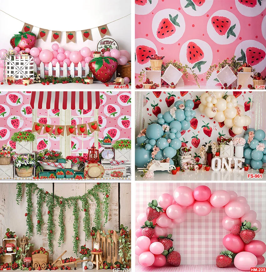ربيع جديد الفراولة متجر خلفيات للتصوير الفوتوغرافي بالونات ملونة باب ديكور الأطفال حفلة عيد ميلاد سعيد خلفية الصورة