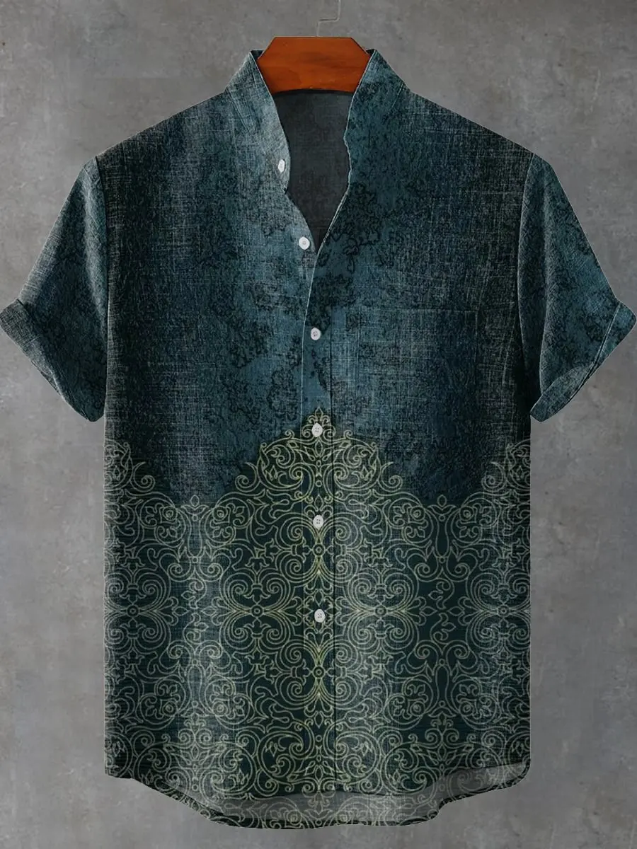 

Fashionable 3D printed retro ethnic style men's summer casual loose linen pocket short standing collar large shirt