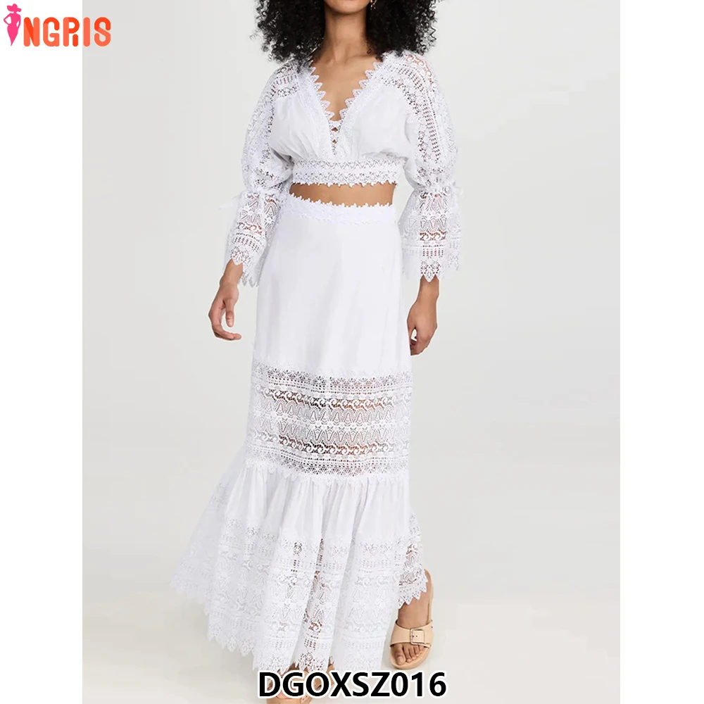 

2025 summer new style ruffle hollow high waist lace skirt sexy two piece suit female Bermuda-SZOSL016
