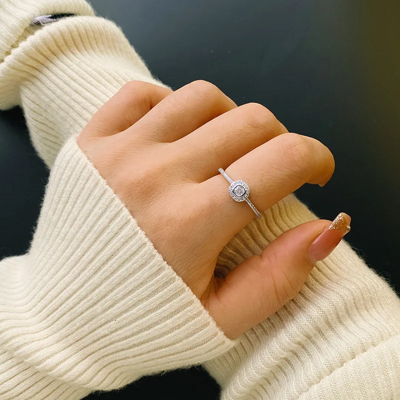 Delicate Four-Pronged Square Round Geometric Couple Ring For Women 100% Original Sterling Silver Valentine\'s Day Gift Jewelry