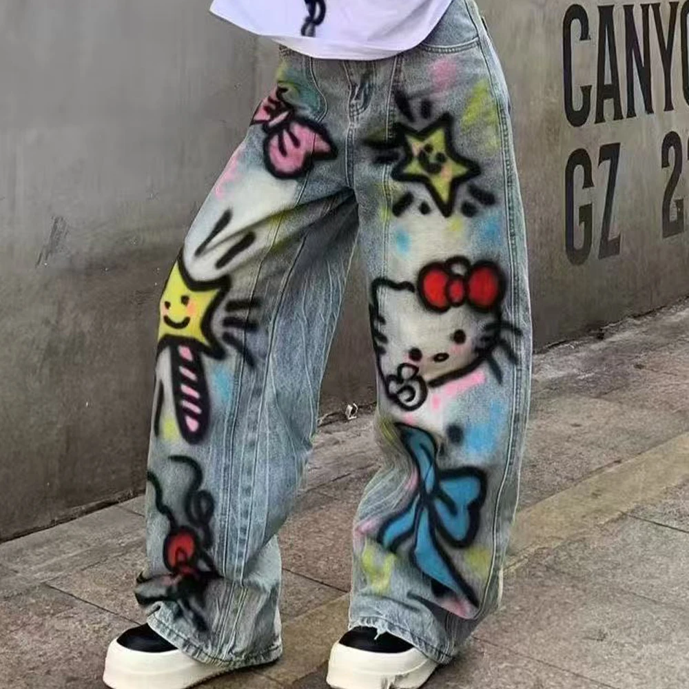 Jeans Y2K Hello Kitty Donna Anime Sanrios Kawaii Pantaloni vintage stile americano Primavera Autunno Pantaloni larghi a vita alta