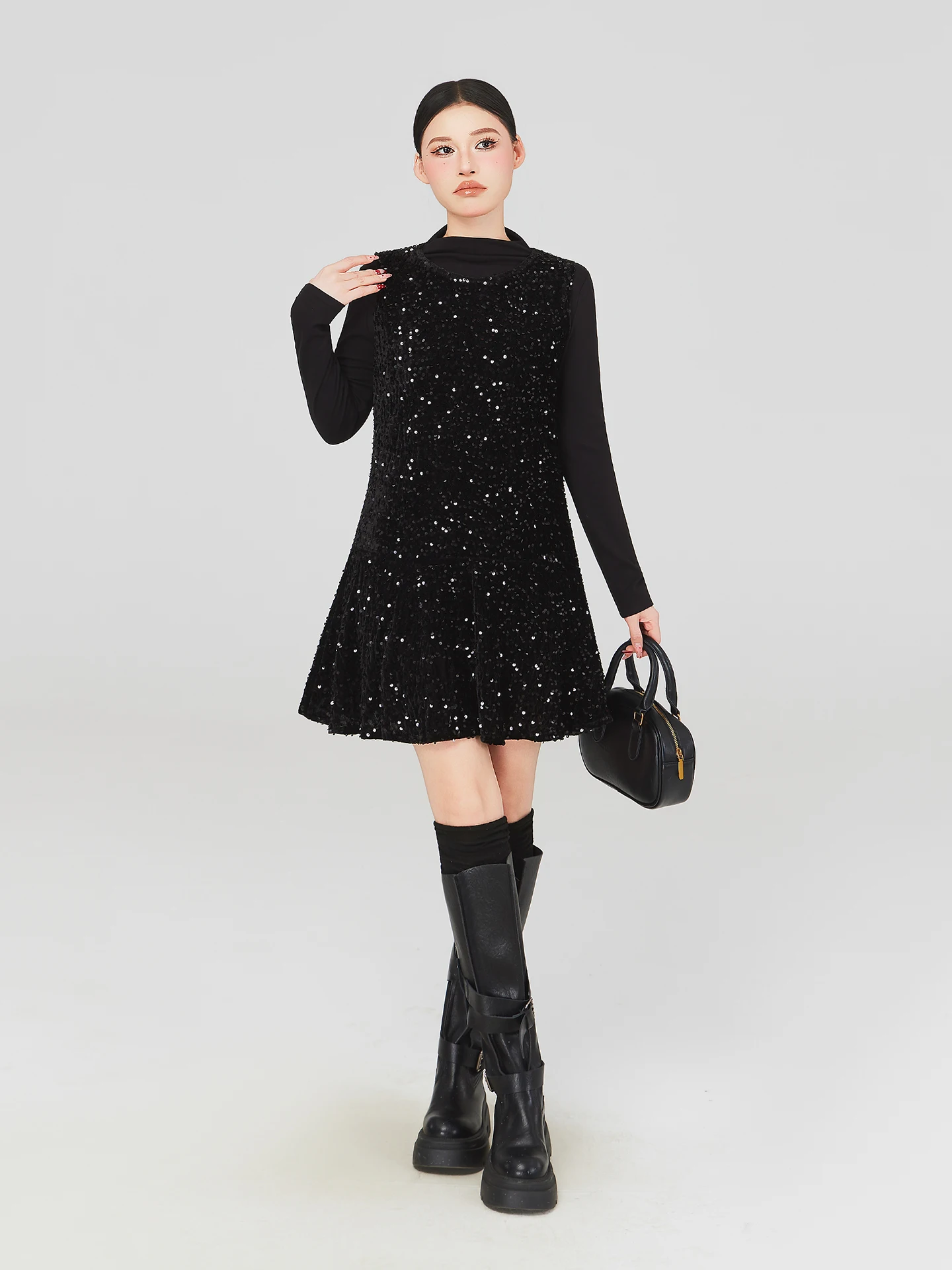 

Stunning plus Size Set Black Base Shirt Sequin Vest Dress Women's Fashion Korean Style Slim Fit High Waist Short Skirt