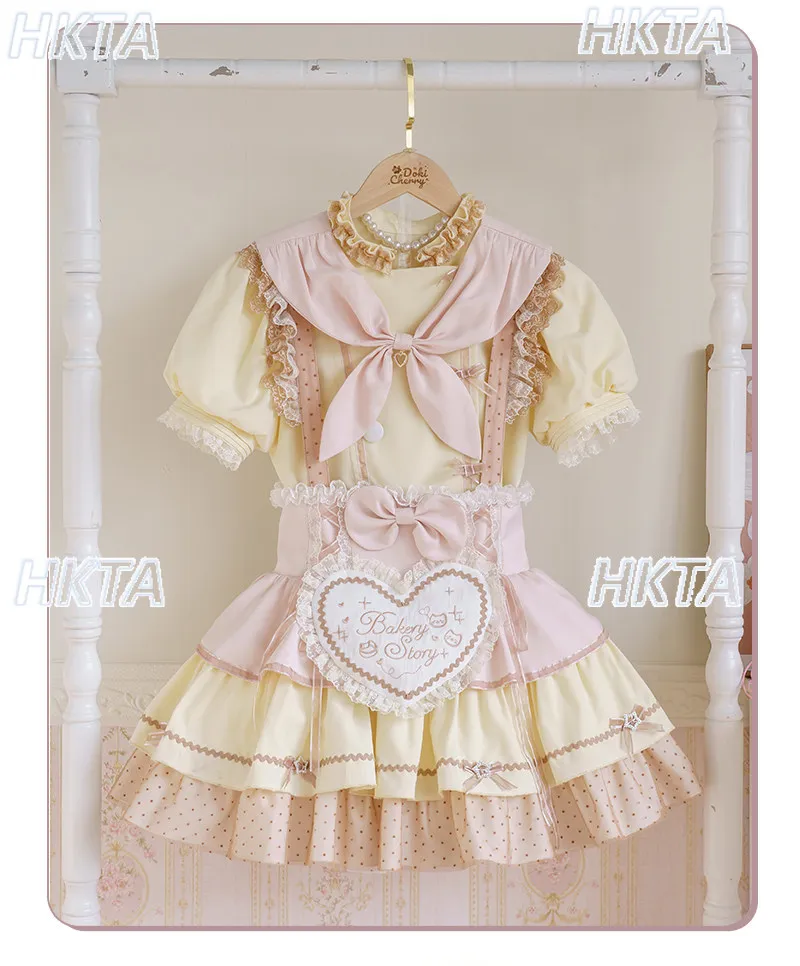 Japanese Lolita Cute Pleated Round Neck Bubble Short Sleeve Shirt Top Summer Lace Bow Dot Cake Mini Skirt Two Pieces Sets Women