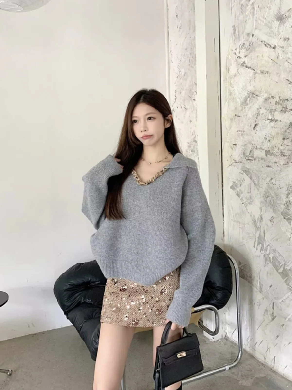 Simple Basic แฟชั่น Street ผู้หญิง Pullovers ภาษาฝรั่งเศสคําใหม่สีทึบ Casual ผู้หญิง Pullovers สีข้าวโอ๊ตสีเทาสีแดงสีม่วงถัก Top