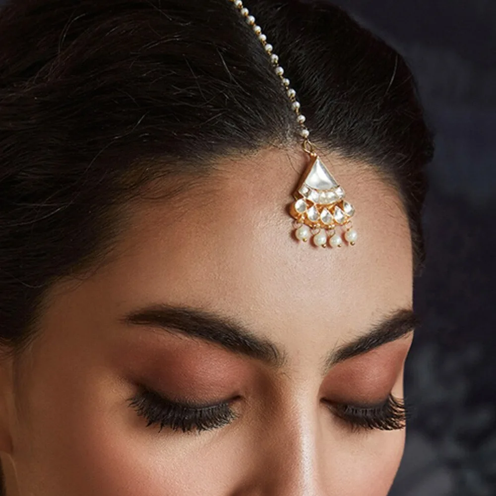 StoneFans Elegant Silver Indian Maang Tikka Headpiece Women Crystal Pearl Beads Traditional Forehead Head Chain Accessories