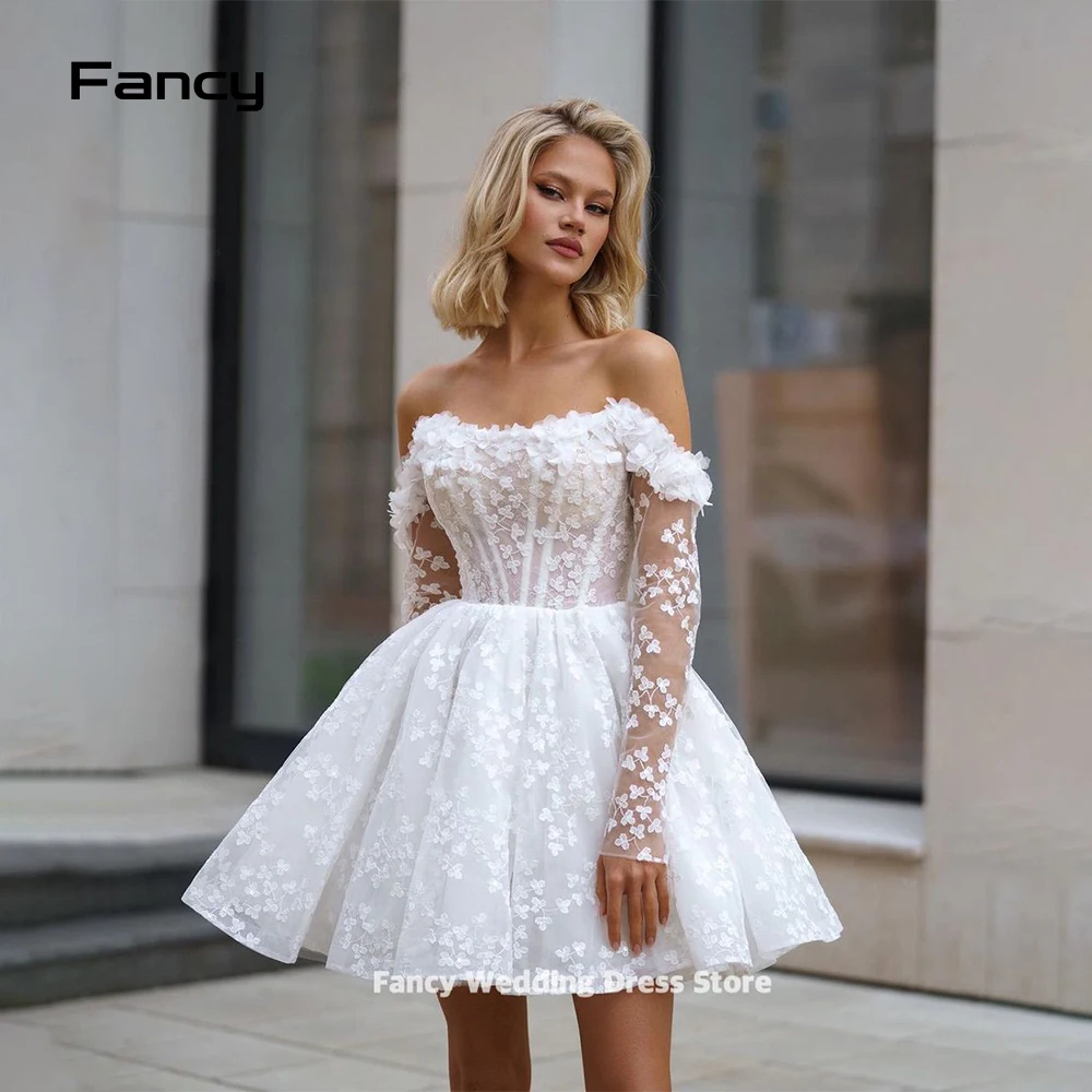 Vestidos de casamento marfim extravagantes com renda para mulheres, mangas compridas, vestidos de noiva curtos, mini-vestido em linha A