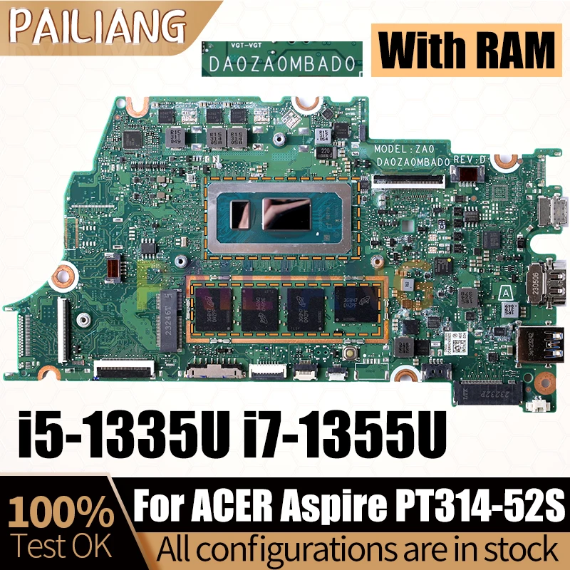 DA0ZA0MBAD0 For ACER Aspire PT314-52S Notebook Mainboard i5-1335U i7-1355U With RAM NBKHK11006 Laptop Motherboard Full Tested