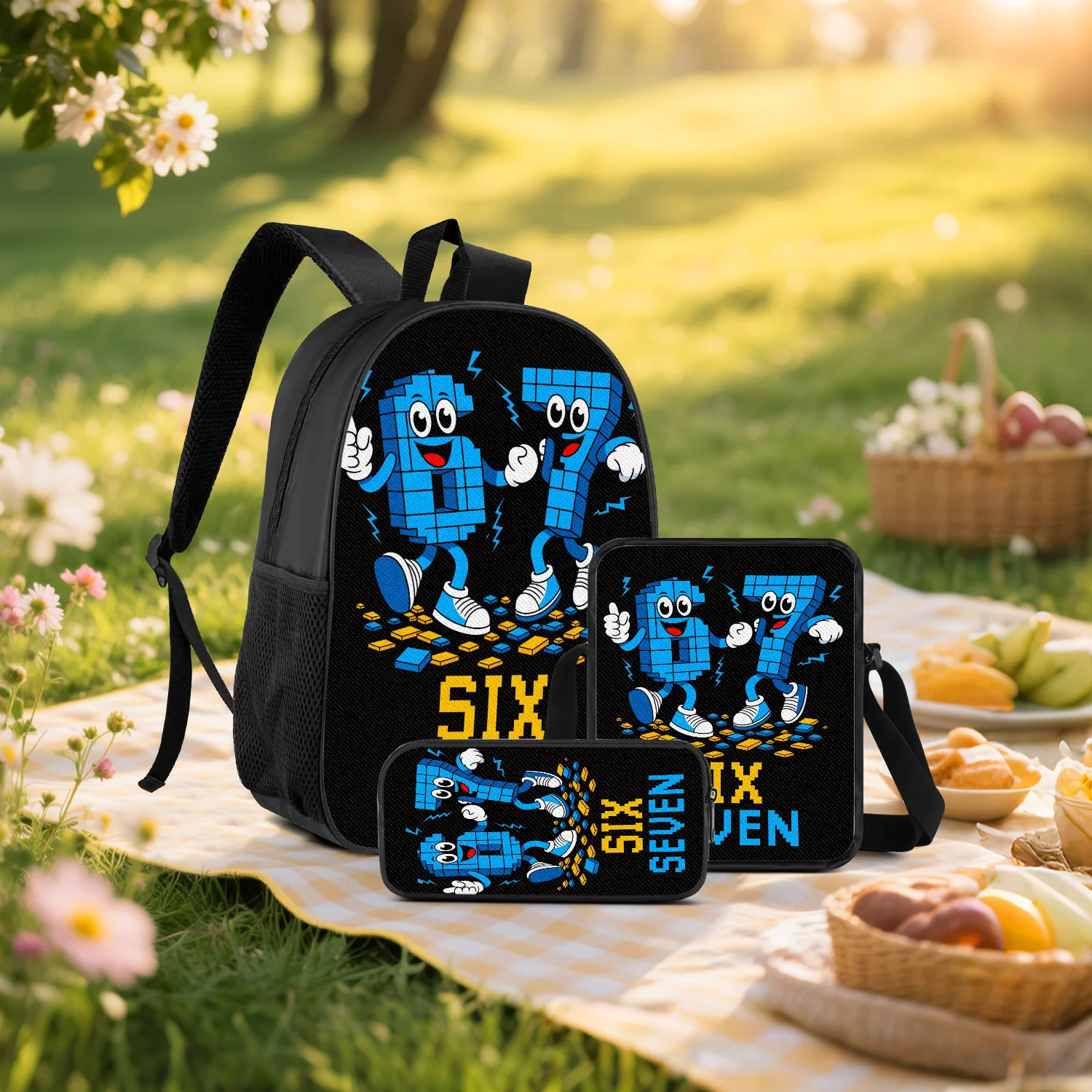 

Blue Pixel Cartoon Number 3-Piece Backpack Set with Crossbody Bag Pencil Case for School Travel Daily Use