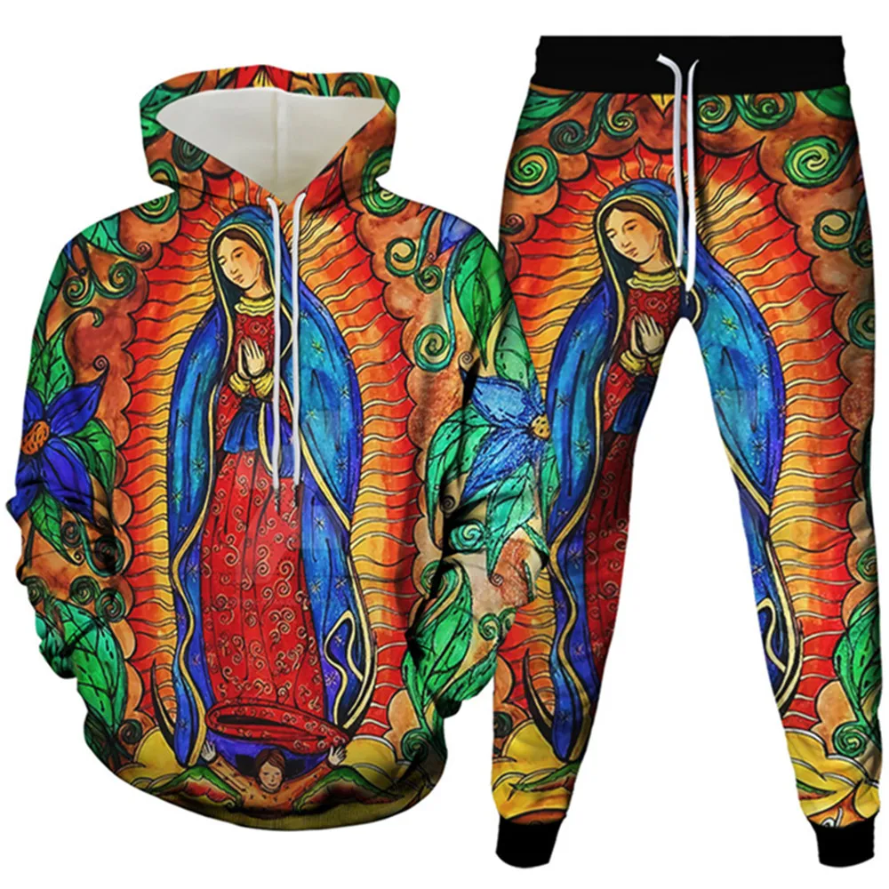 Our Lady Of Guadalupe Virgin Mary Vintage 3D Print Clothes Sets Men Hoodies+Trousers 2Pcs Women Casual Tracksuit Plus Size S-6XL